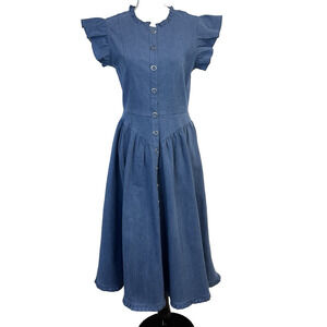 Ivy City Co Nelly Midi Long Dress size 8 Denim Jean Stretch Ruffles Western Boho
